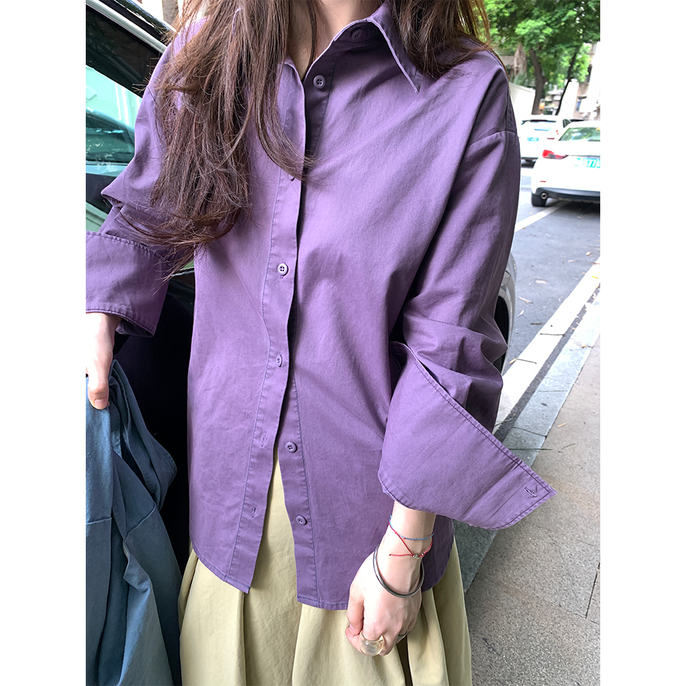 韩系通勤百搭紫色长袖衬衫外套