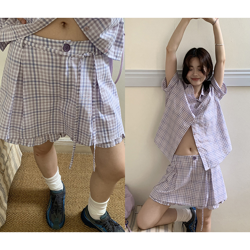【香香的梨】甜美减龄紫色格子短裙2025夏季新款女木耳边抽绳裙裤