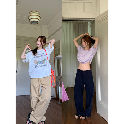 纯棉抽绳宽松显瘦慵懒感阔腿裤