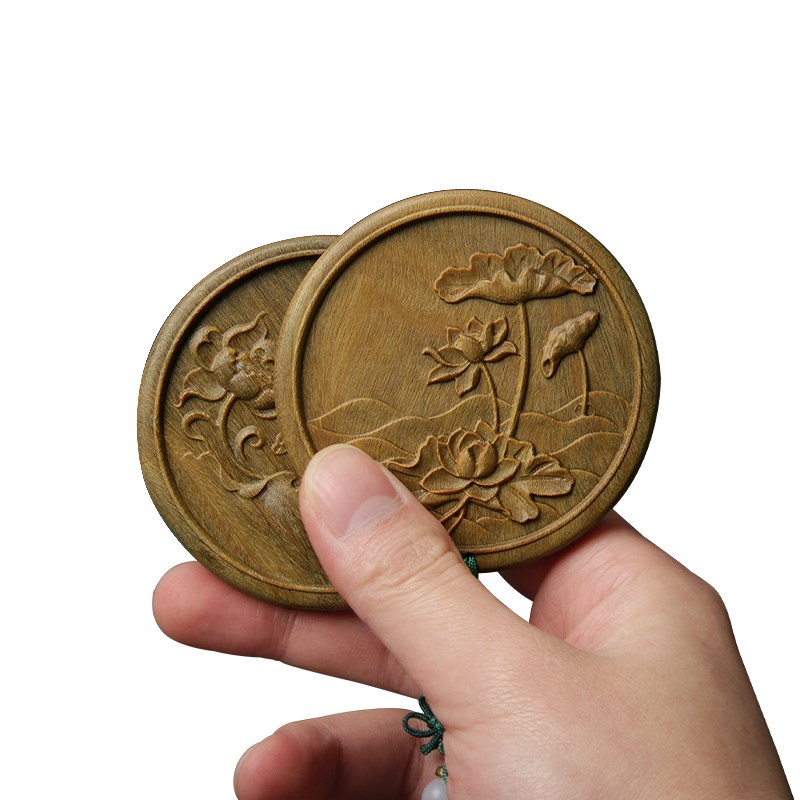 美木兮绿檀雕花镜子生日礼物便携化妆镜檀木随身闺蜜小圆镜礼品镜