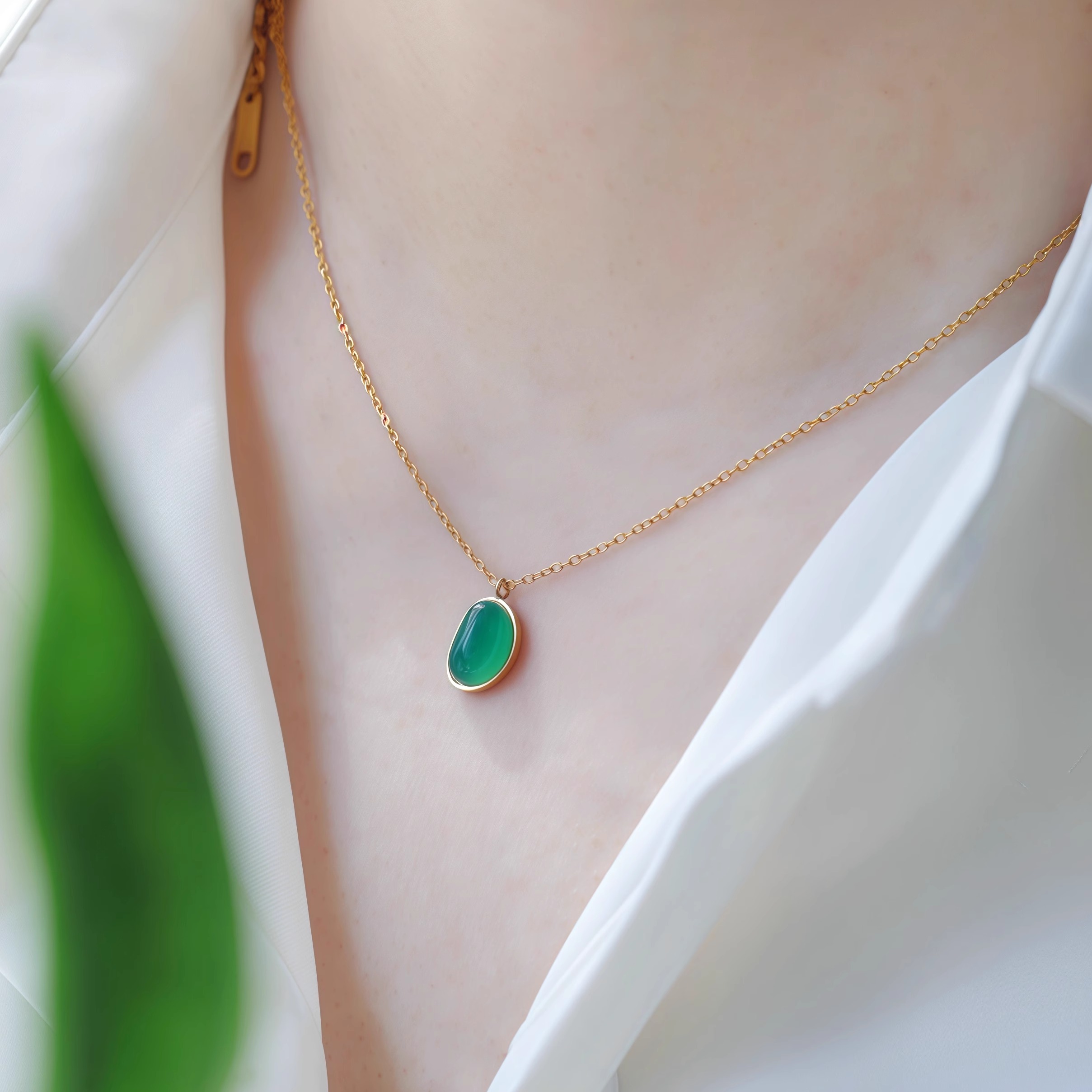 LADYB天然绿玉髓黑玛瑙镀金项链