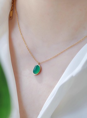 LADYB天然绿玉髓黑玛瑙镀金项链