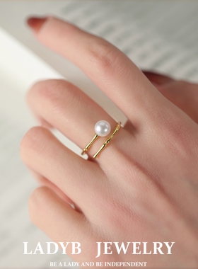 LADYB竹节纯银珍珠戒指开口戒女