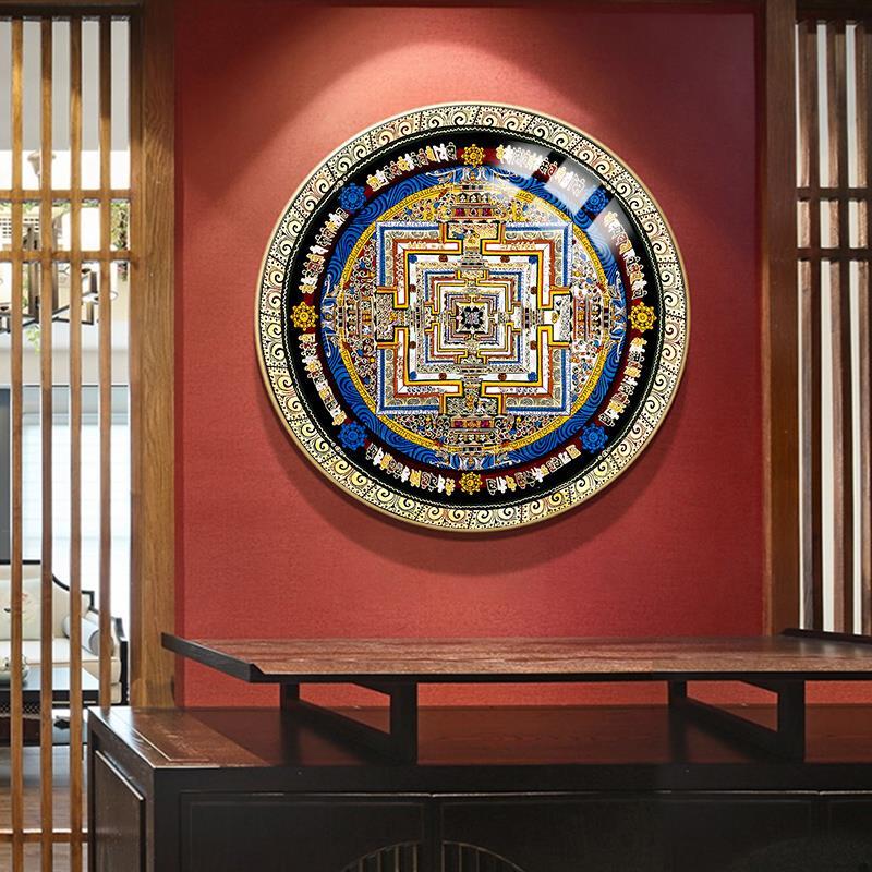 西藏曼陀罗唐卡圆形装饰画东南亚入户玄关坛城墙壁画酒店民宿挂画图片