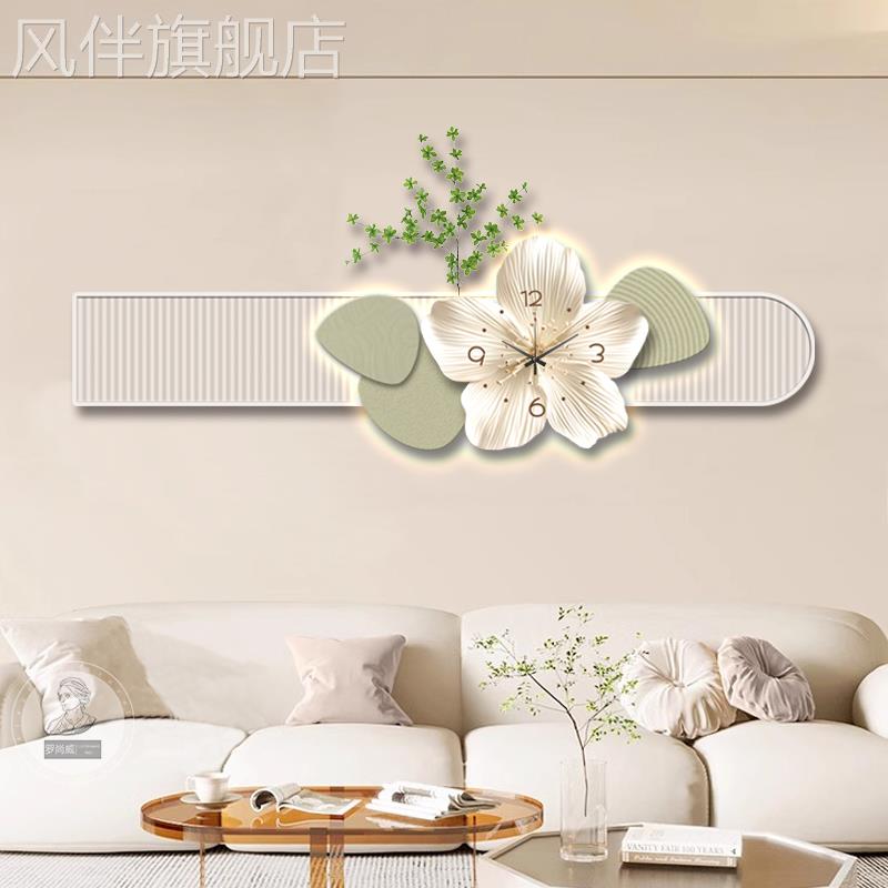 北欧奶油风客厅装饰画带钟表沙发背景墙挂画花卉led创意壁灯画图片