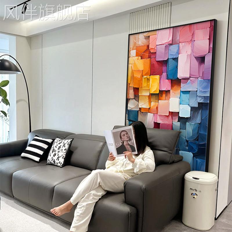 抽象几何客厅装饰画大芬村油画沙发背景墙挂画高级感肌理色块壁画图片