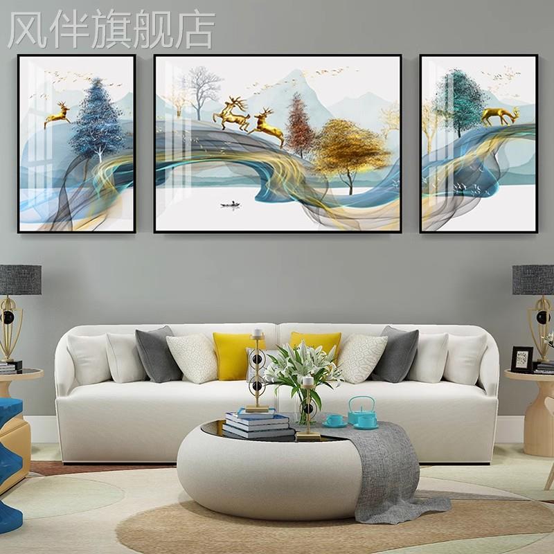 北欧鹿风景镶钻晶瓷客厅装饰画沙发背景墙轻奢大气壁画挂画三联画图片