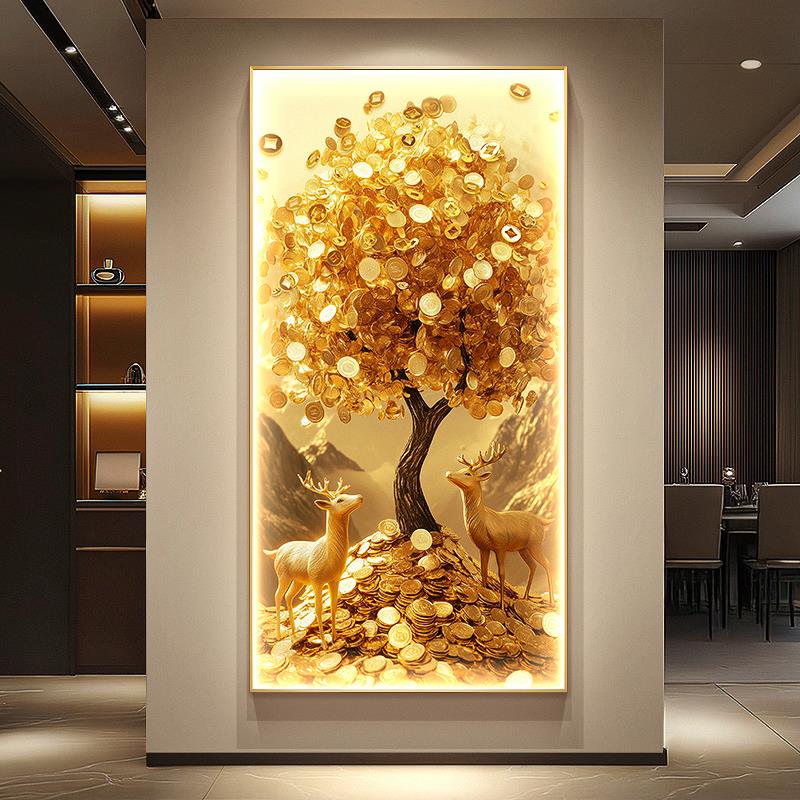轻奢风发财树玄关装饰画黄金万两走廊壁画可定制带灯招财鹿挂画图片