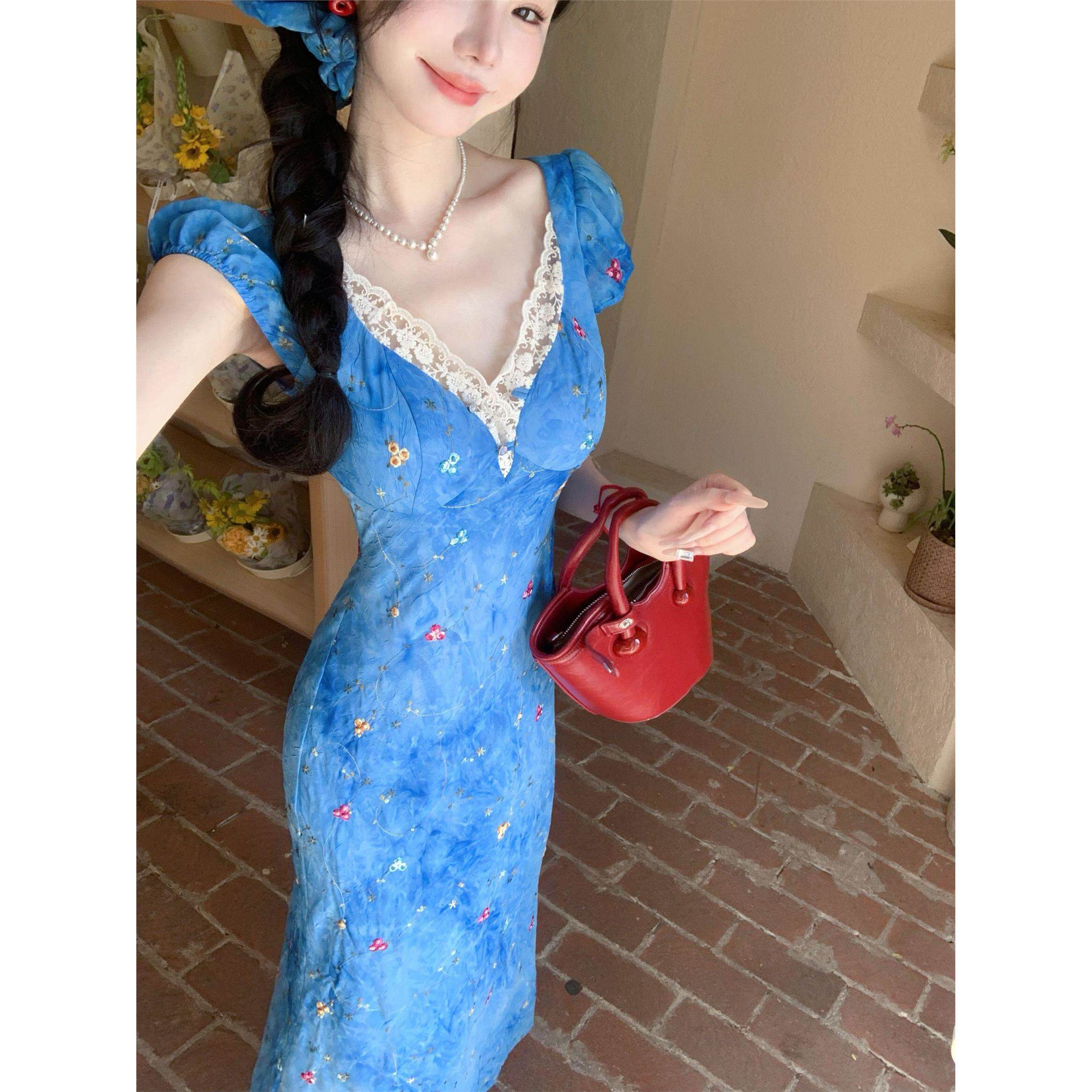 法式复古气质名媛高级感连衣裙女2025夏季新款收腰显瘦长款裙子潮