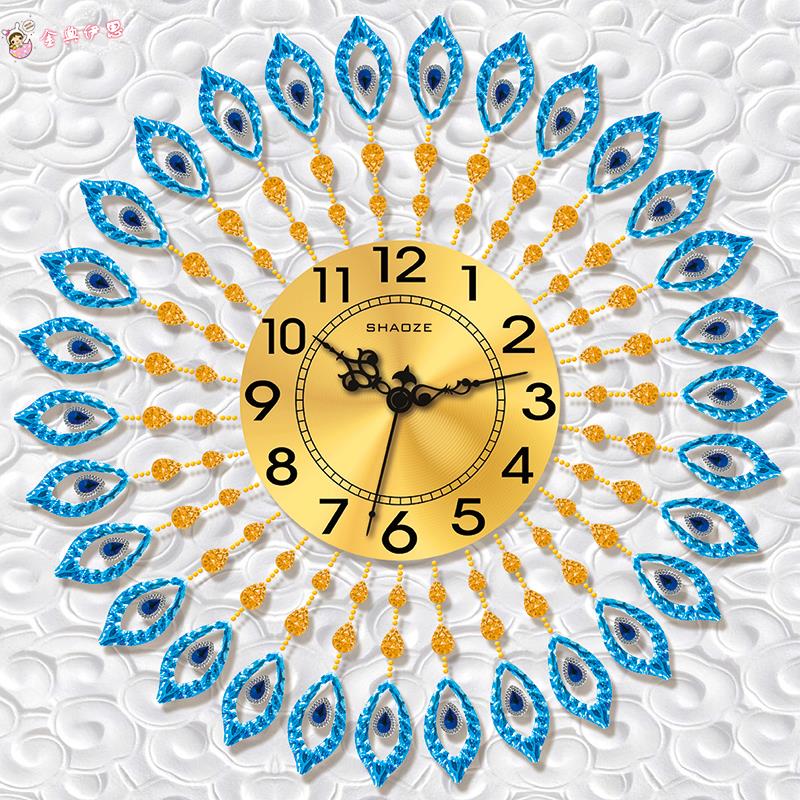 2024新款5d钻石画孔雀钟表贴钻十字绣现代简约客厅时钟挂画异形钻