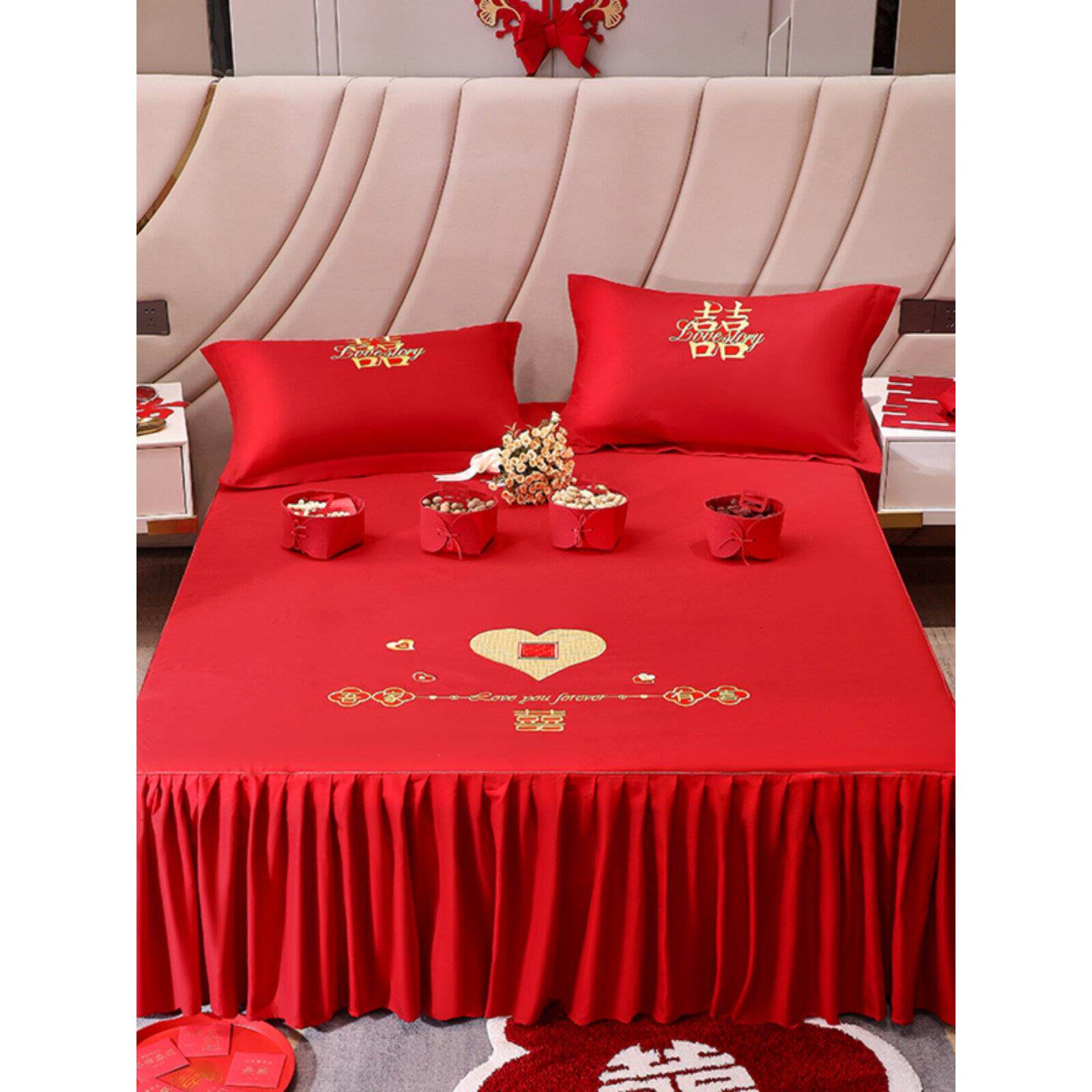 床裙单件大红色婚庆结婚床单床笠三件套加厚固定防滑韩式床罩枕套