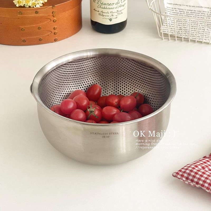 多功能淘菜沥水盆食品级304不锈钢双层冲孔厨房洗菜水果沥水篮