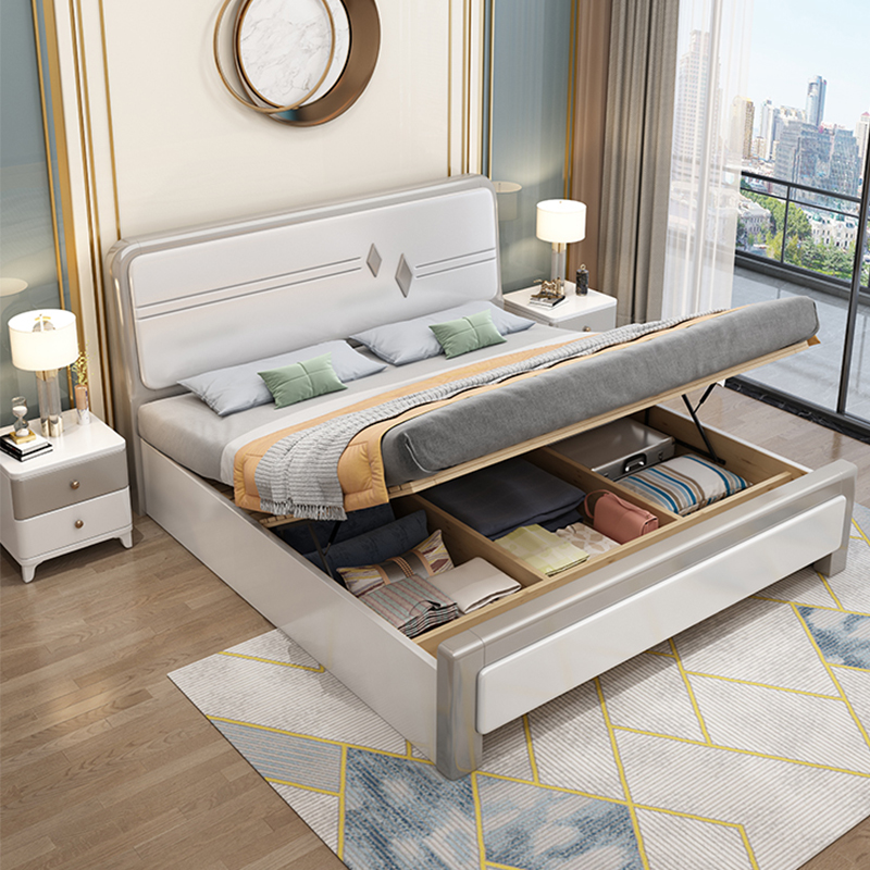 实木床现代简约1.8米双人床卧室床1.5米单人高箱储物婚床白色主卧