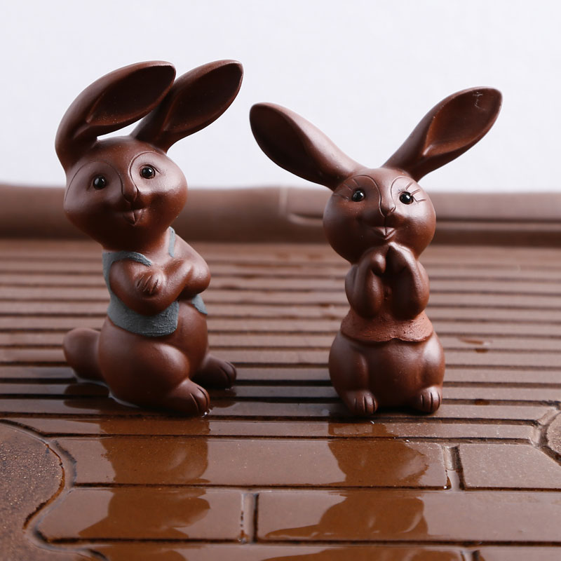 宜兴紫砂创意茶玩摆件 茶具配件个性可爱生肖小兔子 可养精品茶宠