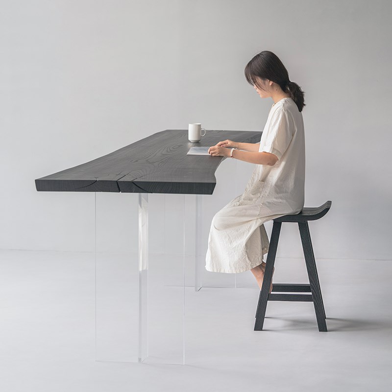 叁几 侘寂风黑色实木吧台椅家用靠背椅子白蜡木酒吧高脚凳吧台凳