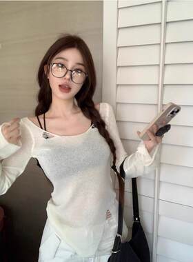 设计感小众破洞长袖针织衫T恤女装夏季修身显瘦薄款防晒洋气上衣
