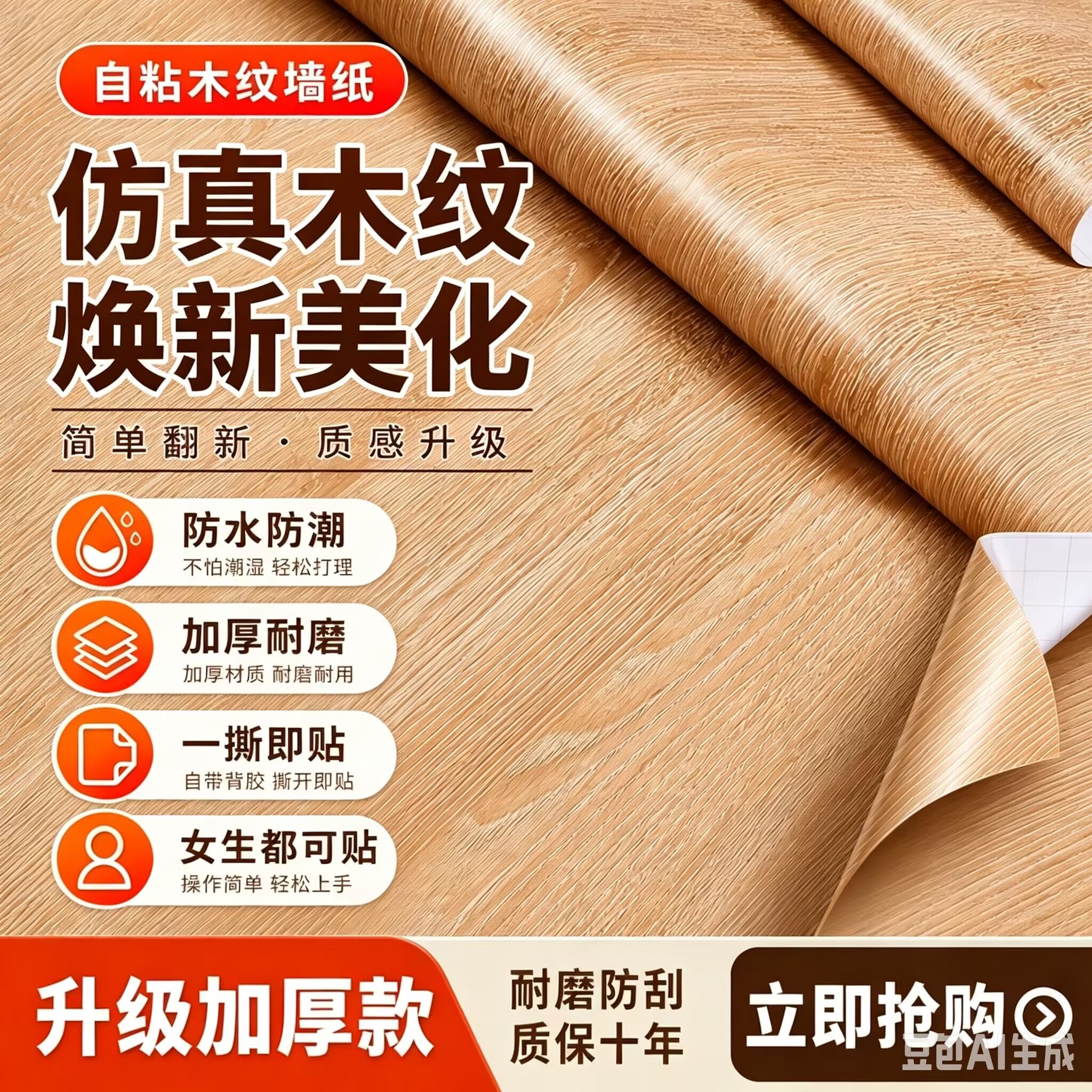 加厚木纹贴纸自粘家具翻新贴纸仿木防水墙纸桌面壁纸橱柜装饰贴膜