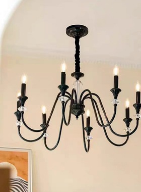 黑色全铜美式复古水晶吊灯法式客厅高级感蜡烛书房主卧室房间灯具