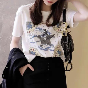 BX 重磅真丝t恤女圆领短袖2025夏季桑蚕丝拼接棉宽松印花设计感上