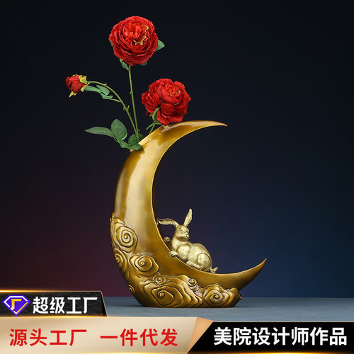 铜欣祥创意彩铜玉兔呈祥花瓶家居装饰品办公室桌面花瓶新中式摆件