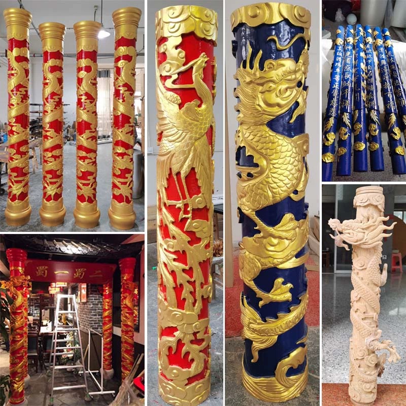 定制东阳木雕中式仿古实木罗马柱龙柱盘龙柱龙凤单龙祥云柱雕刻