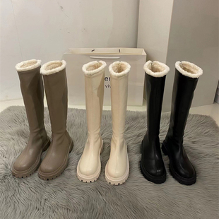 香港小个子长筒骑士长靴女2025年新款秋冬加绒加厚棉鞋白色雪地靴