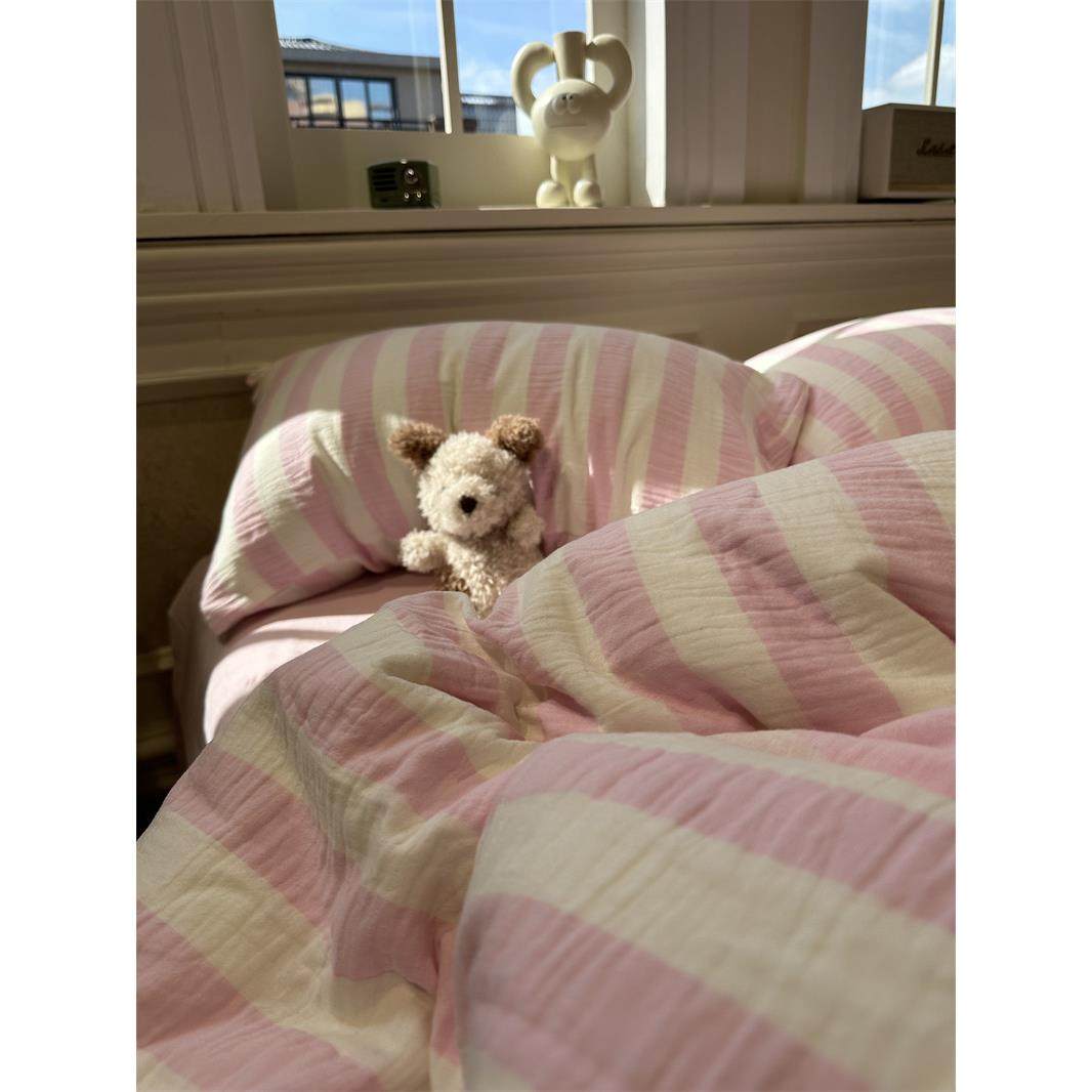 少女色织双层皱皱纱桃粉条纹四件套全棉1.5m1.8米公寓被套三件套