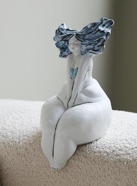 手工抽象人物海边蓝色女孩陶瓷雕塑玄关创意艺术装饰品工艺品摆件