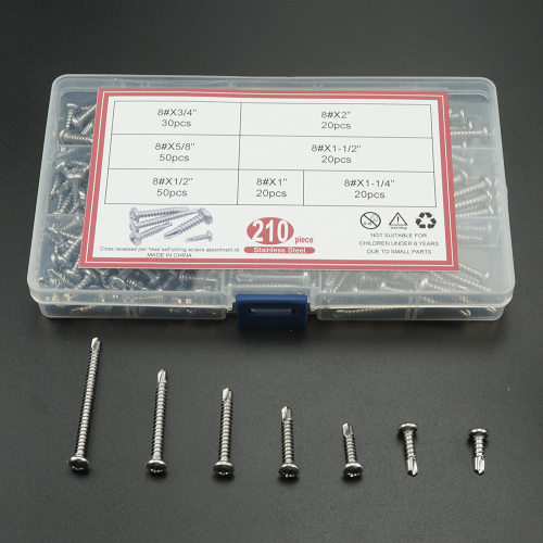 410不锈钢210pcs十字盘头钻尾#8X1/2“至#8X2“七规格套装盒装