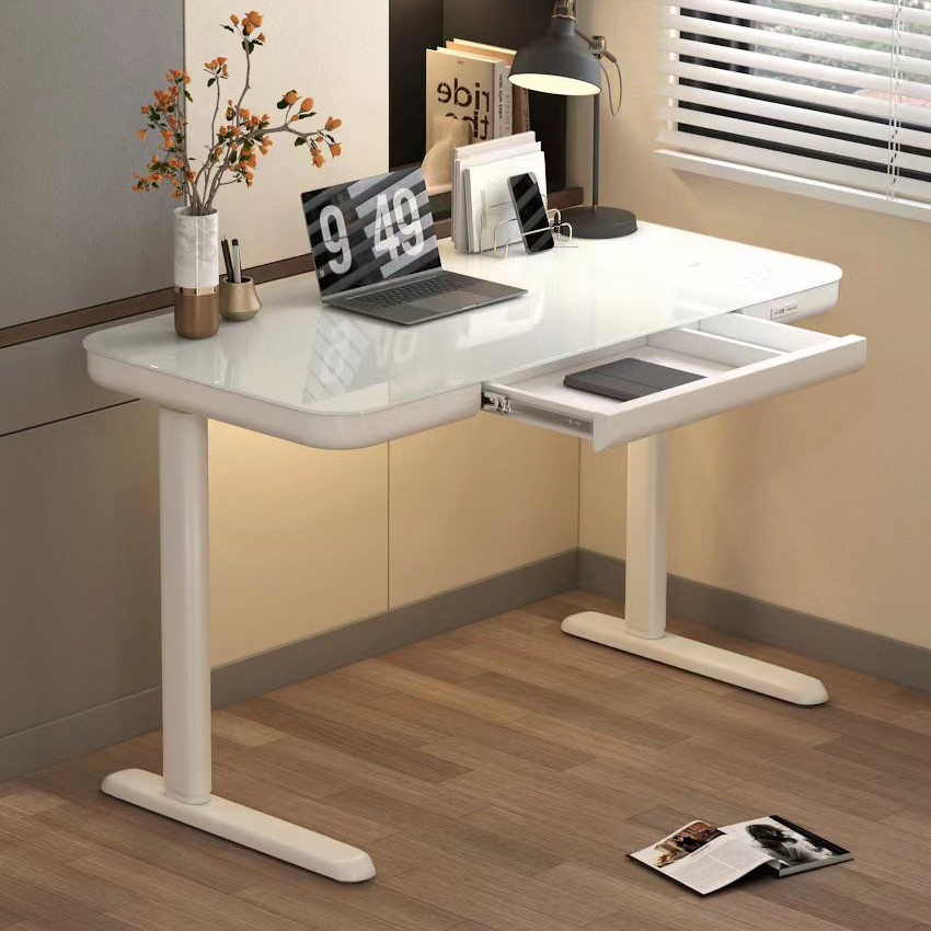 新款家用学习升降桌钢化玻璃金属桌腿 无线充办公桌 电动升降桌