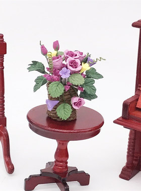 1:12迷你娃娃屋dollhouse花园阳台花卉摆件编织花盆紫色玫瑰花