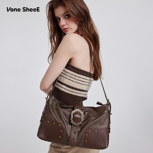 Vone SheeE 美式复古pu皮包通勤单肩大容量斜挎包新款铆钉包包女