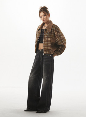 Vone SheeE 美式复古休闲宽松上衣加绒格纹短款毛呢外套女早秋冬