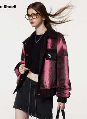 Vone sheeE美式复古辣妹撞色晕染条纹毛绒外套女秋冬宽松棉服上衣