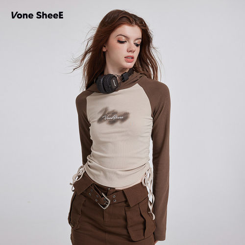 Vone SheeE 美式印花连帽2026设计感抽皱修身长袖
