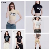 黑色短袖 Vone 辣妹上衣女 复古棕色印花耳机短款 t恤修身 SheeE 美式