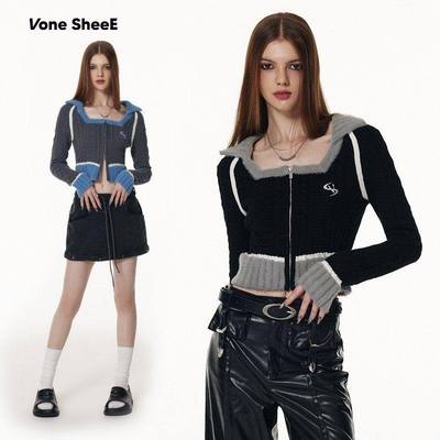 Vone sheeE甜酷辣妹设计感小众针织开衫软糯上衣短款毛衣女早秋冬