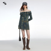 Vone SheeE早秋甜辣妹设计感做旧水洗一字肩牛仔连衣裙气质短裙女