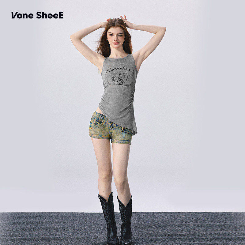 Vone SheeE不对称印花吊带背心女无袖健身甜美小背心