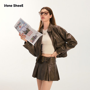 【昕怡专享】Vone SheeE 美式复古擦色皮裙百褶半身裙女辣妹短款a
