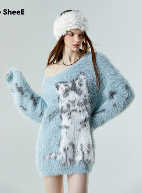 Vone SheeE美式仿貂毛猫咪慵懒风宽松针织衫毛衣套头毛绒上衣早秋