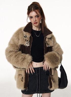 Vone SheeE美式复古辣妹设计感毛毛拼接仿貂毛皮草外套女冬