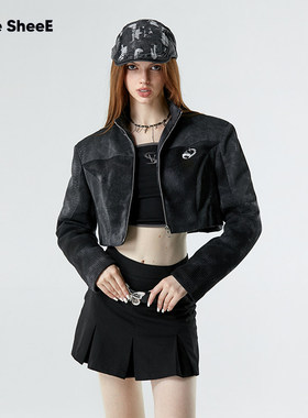 Vone SheeE美式辣妹短款露腰拼皮2025早秋冬款棉衣棉服针织扎染女