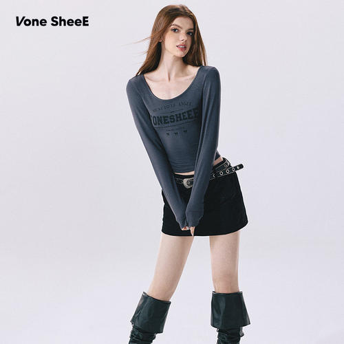 【昕怡专享】Vone SheeE 美式复古大领口印花长袖t恤女2026秋季修