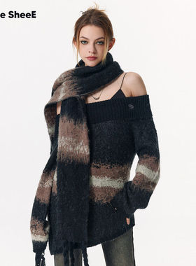 Vone SheeE 10%羊驼毛高级感气质慵懒风晕染翻领软糯一字肩毛衣女