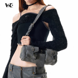 风pu皮包单肩斜挎小包 原创多口袋灰色洗水皮铆钉工装 昕怡专享