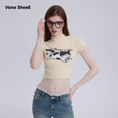 【昕怡专享】VoneSheeE卡通猫咪印花半高领毛衣短袖t恤修身性感辣