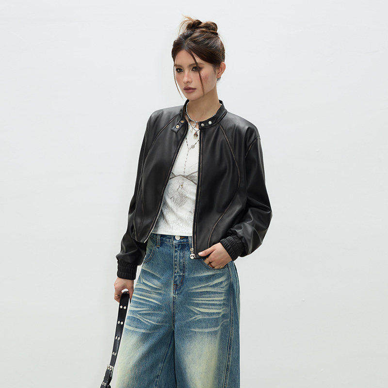 【昕怡专享】美式复古立领短款皮衣女2025辣妹上衣短外套宽松百搭,女装/女士精品,短外套,淘宝优惠券,粉丝福利购,淘宝优惠卷