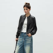 皮衣女2025辣妹上衣短外套宽松百搭 复古立领短款 昕怡专享 美式