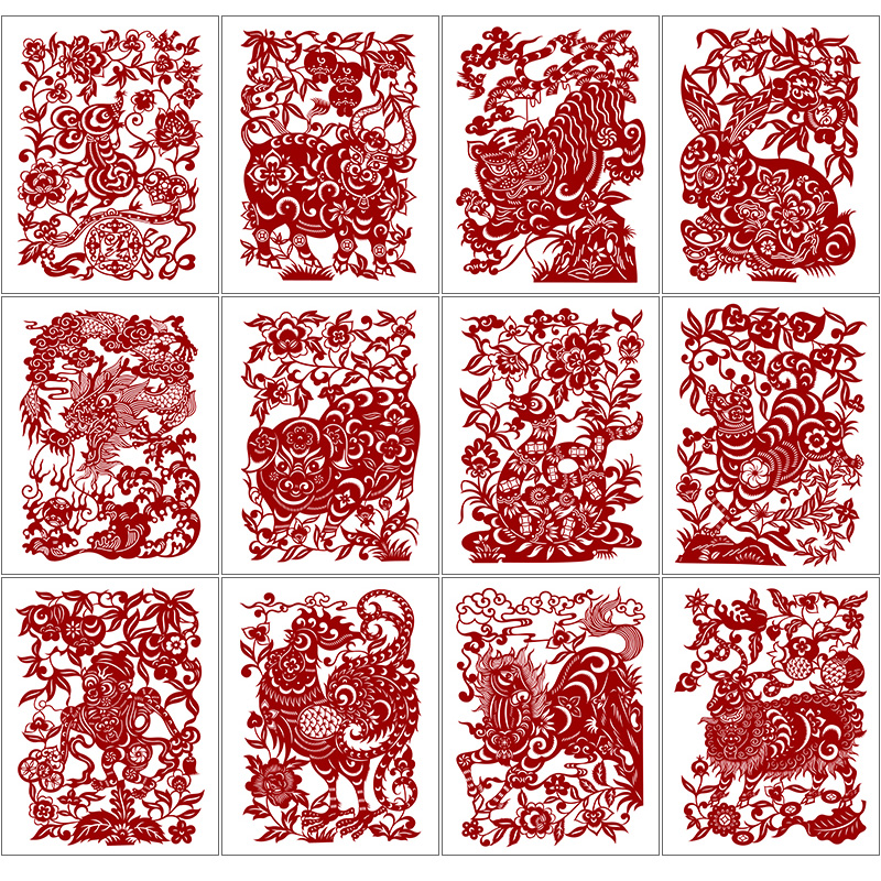 高清十二生肖刻纸图样手工剪纸素材黑白打印练习底稿A3A4送红纸